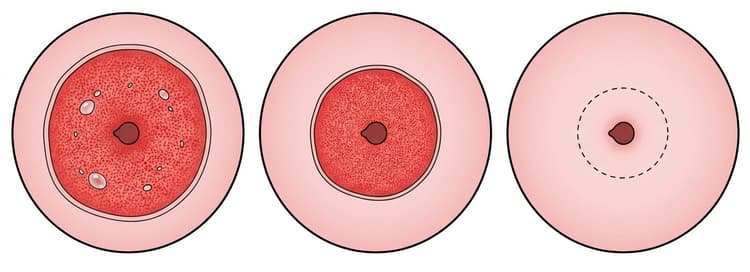 Tre bilder av portio framifrån där gränsen mellan skivepitel och cylinderepitel ligger allt närmare cervikalkanalens mynning med stigande ålder