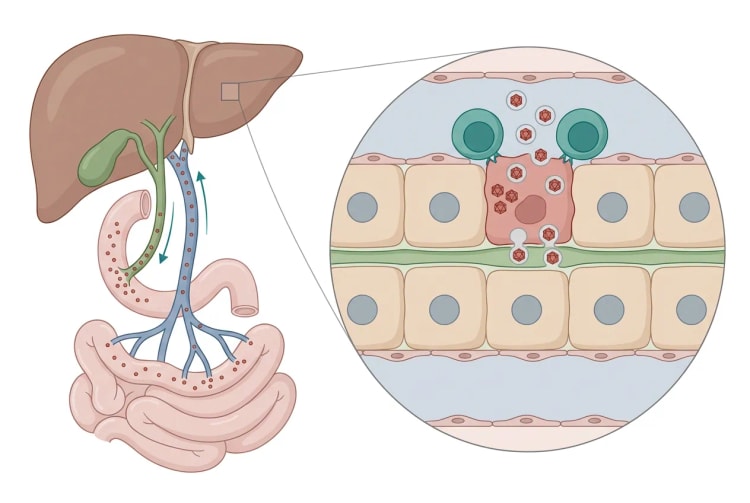 Todelt illustration: til venstre lever, galdeveje, duodenum og tyndtarm set forfra, hvor røde viruspartikler går fra tyndtarmen via vena mesenterica superior og vena portae til leveren og videre via ductus choledochus til duodenum. Til højre en forstørrelse af levervævet med en plade af hepatocytter mellem to sinusoider, hvor en inficeret, rødtonet hepatocyt frigiver membranindesluttede viruspartikler til sinusoiden og den grønne galdekapillær, mens to T-celler ligger an mod den.