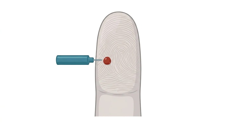 Fingerspids set lige forfra med fingerpuden vendt mod betragteren. En lancet sættes mod den laterale del af pulpa, ved siden af fingerpudens midte, og en lille bloddråbe er dannet samme sted.