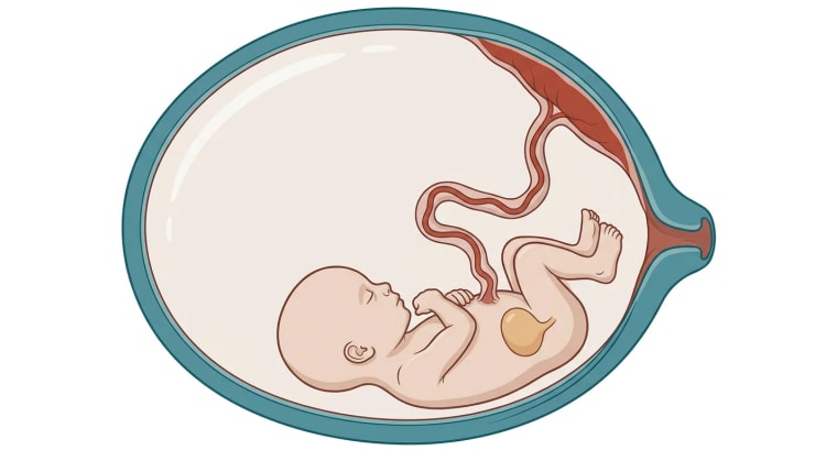 Sagittal illustration af en kraftigt udspilet livmoder, hvor et lille foster ligger i den nederste del omgivet af en meget stor fostervandsmængde, med moderkagen i den øvre væg og en rund, fyldt urinblære i fosterets nedre abdomen.