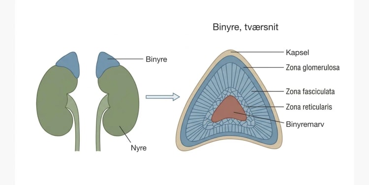 Binyrerne som kileformede organer oven på nyrernes øvre poler samt et tværsnit gennem binyren med kapsel, tre barkzoner og en central marv.