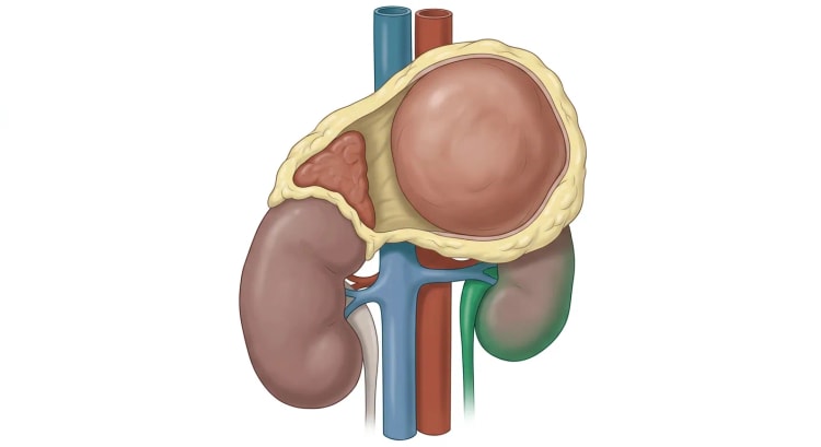 Tegnet frontalbillede af retroperitoneum med en stor afrundet tumor i venstre binyreloge, omgivet af gulligt fedtvæv over nyrens øvre pol. Vena cava inferior og aorta forløber lodret medialt for tumoren, og en lille normal binyre ses over højre nyre.
