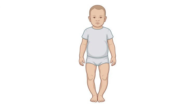 Tegnet småbarn i grå T-shirt og shorts, stående set forfra med anklerne mod hinanden og udadbuede ben, så der er et tydeligt mellemrum mellem knæene.