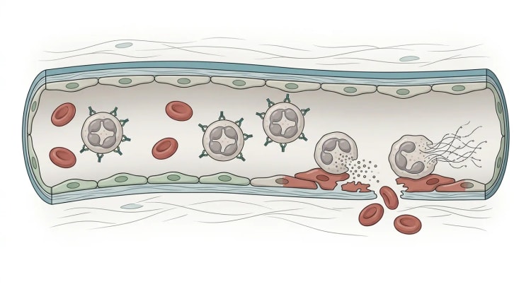 Længdesnit gennem et lille blodkar med neutrofile granulocytter, der bærer antistoffer på celleoverfladen. Til højre har aktiverede neutrofile hæftet sig til karvæggen og frigør granula og DNA-tråde, endotelet er beskadiget, og røde blodlegemer siver ud i vævet.