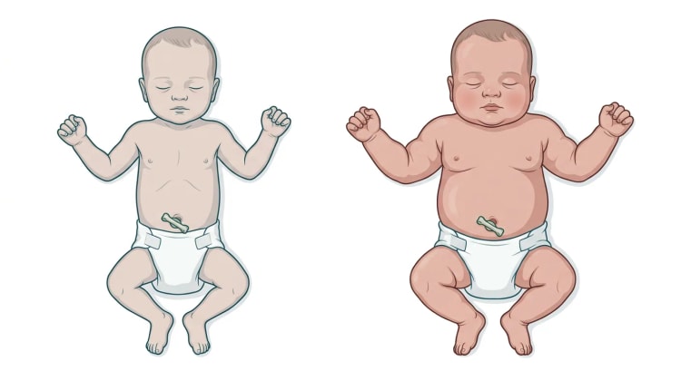 To nyfødte børn i rygleje side om side: til venstre et normalt proportioneret barn, til højre et makrosomt barn med brede skuldre, rund krop og abdomen, rundt ansigt og fedtfolder på arme og lår.