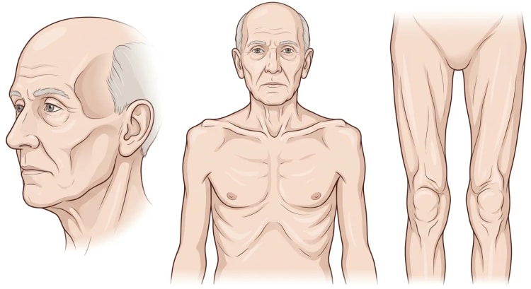 Ældre mand med muskelatrofi i tre visninger: indsunken tinding i halvprofil, kantede skuldre med fremtrædende kraveben og ribben samt tynde lår med et mellemrum mellem dem.