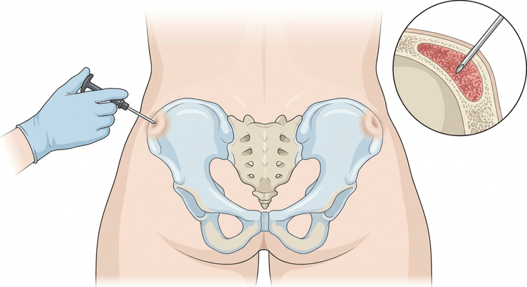 Bækkenet set bagfra gennem huden med knoglemarvsnålen placeret over spina iliaca posterior superior og en forstørrelse, der viser nålespidsen i marvhulen mellem knoglens to kortikalisplader
