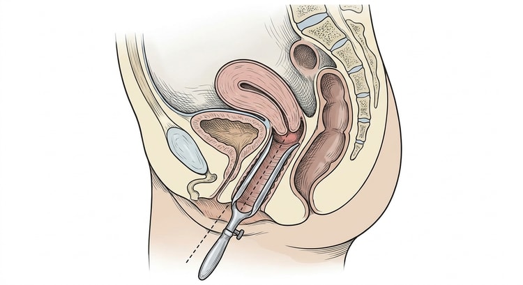 Sagittalsnit gennem det kvindelige bækken med spekulum indført i vagina og portio synlig mellem bladene