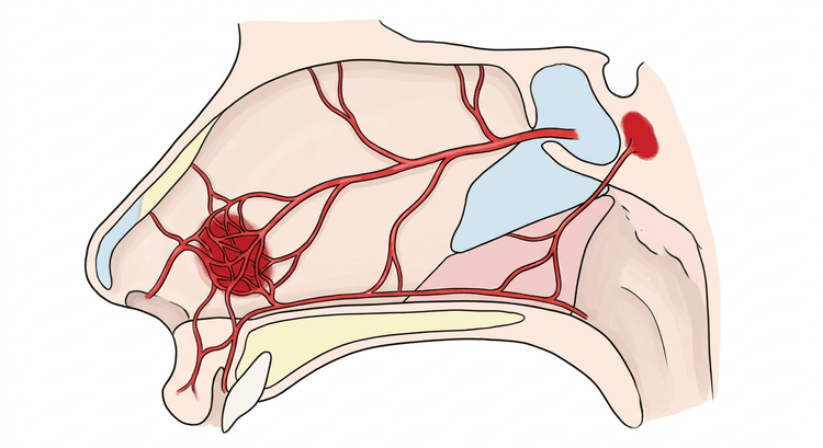 Næsens septum set fra siden med fem arterier, der mødes i et tæt karnet i den forreste nedre del lige inden for næseåbningen, og et andet karområde langt bagude ved choanen