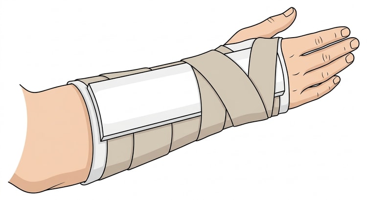 Underarm og hånd med en hvid gipsskinne på oversiden fra neden for albuen til knoerne, fastgjort med elastisk bind, med frie fingre og fri tommelfinger