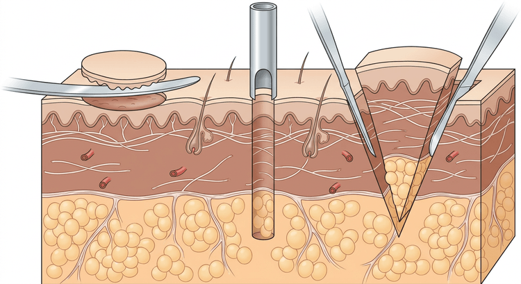 Gennemsnit af hud, hvor shave-, stanse- og excisionsbiopsi vises ved siden af hinanden med forskellig dybde ned i epidermis, dermis og subcutis