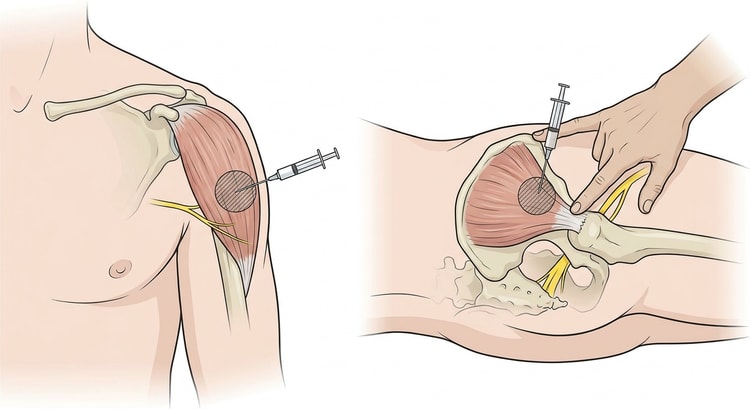 To paneler: skulder forfra med deltoideusmusklen og injektionsstedet samt hofte i sideleje, hvor undersøgerens hånd danner en trekant over gluteus medius