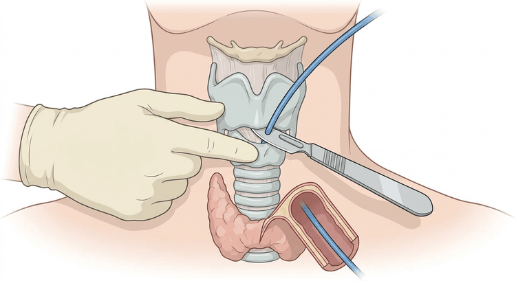 Halsens forside med larynx fikseret af en hånd, skalpel indført gennem membrana cricothyroidea og en bougie på vej ned i trachea