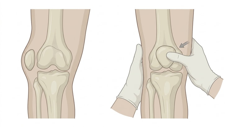 Højre knæ forfra, på det venstre billede med knæskallen forskudt til siden og på det højre billede med en tommelfinger, der trykker den tilbage mod midtlinjen