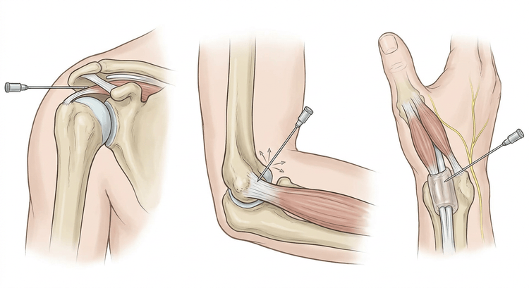 Tre paneler, der viser kanylens leje ved subakromial injektion, ved lateral epikondylitis og ved de Quervains tenosynovitis