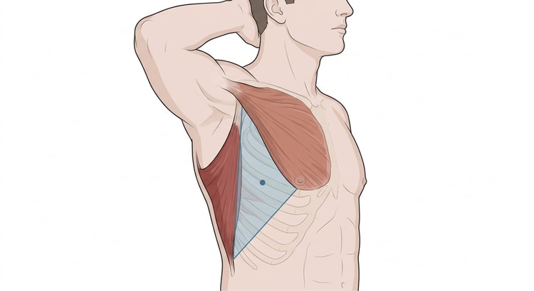 Lateralt billede af en patients brystkasse med armen bag hovedet, hvor et trekantet område på den laterale brystvæg er markeret mellem brystmusklen fortil og latissimusmusklen bagtil