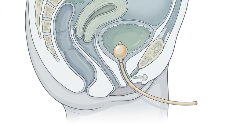 Sagittalsnit gennem det kvindelige bækken med den korte urethra og kateteret på vej ind i urinblæren