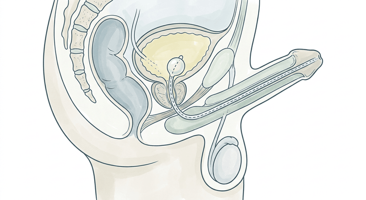 Sagittalsnit gennem det mandlige bækken med kateterets vej gennem penisurethra, den bulbære urethra og prostata ind i urinblæren
