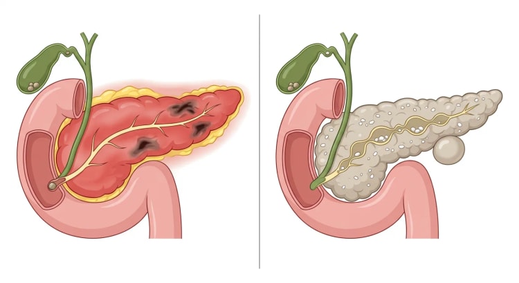To billeder af pancreas side om side. Til venstre en hævet, rødmende pancreas med nekrotiske områder, inflammeret omgivende fedtvæv og en galdesten i papillen. Til højre en bleg, fibrotisk pancreas med forkalkninger, en udvidet, perlekædeformet pancreasgang med sten og en pseudocyste.