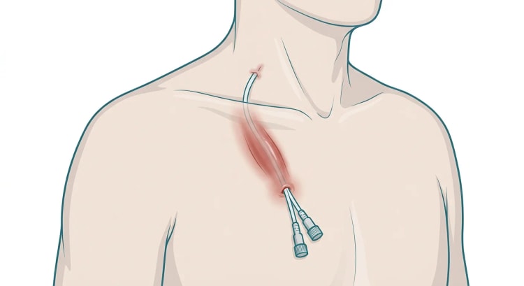 Højre øvre thorax og halsbasis med et tunneleret centralt venekateter, hvis subkutane forløb er omgivet af et bånd af rød og hævet hud fra udgangsstedet op mod kravebenet.