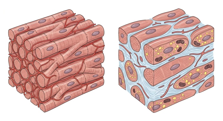 To vævsblokke af venstre ventrikels myokardium side om side: rask myokardium med tætte, parallelle kardiomyocytter og rigeligt kapillærnet, og diabetisk myokardium med fortykkede kardiomyocytter, lipiddråber, beskadigede mitokondrier, interstitielt kollagenvæv og færre kapillærer.