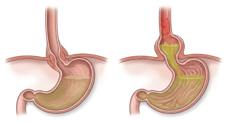 To snitbilleder af den gastroøsofageale overgang: til venstre normal anatomi med nedre øsofagussfinkter i niveau med diafragma, til højre en glidende hiatushernie med sur refluks op i en inflammeret distal øsofagus.