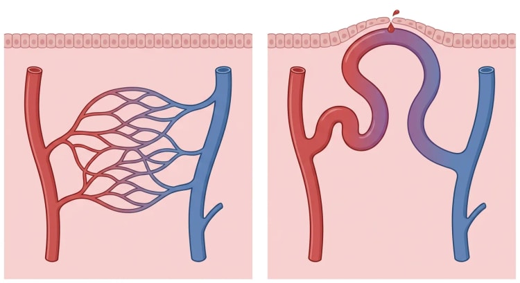 To snit gennem slimhinde. Til venstre forbindes en arteriole og en venule af et fint kapillærnet. Til højre går arteriolen direkte over i et udvidet, slynget kar, som forbinder til venulen og bløder gennem et fortyndet epitel.