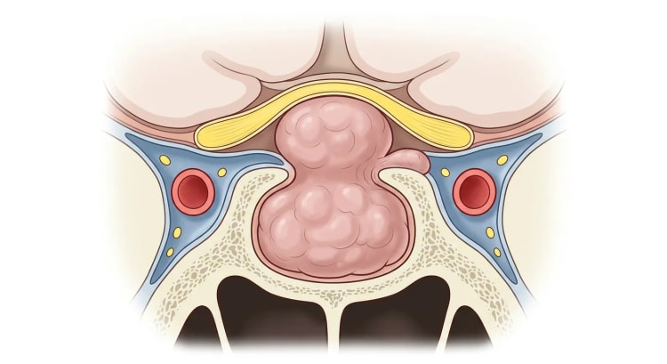 Koronalsnit gennem sella turcica med et makroadenom, der vokser suprasellært og trykker synsnervekrydsningen opad, med sinus cavernosus og arteria carotis interna på begge sider og sinus sphenoidalis nedenfor.