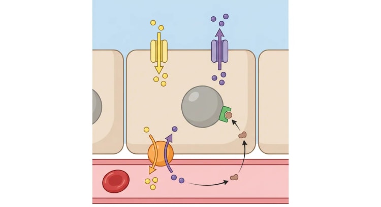 Skematisk billede af en principalcelle i samlerøret mellem tubuluslumen og peritubulær kapillær, med natrium- og kaliumkanaler i den apikale membran, Na-K-ATPase basolateralt og aldosteron, der binder til en receptor i cellen.