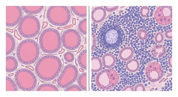 Illustration af normalt skjoldbruskkirtelvæv ved siden af væv ved Hashimotos thyreoiditis med tæt lymfocytinfiltration og få, små follikler.