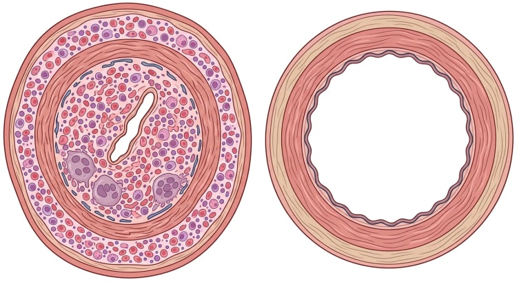 Tværsnit af en inflammeret temporalisarterie med kraftigt fortykket væg, inflammatoriske celler og kæmpeceller samt kraftigt forsnævret lumen, ved siden af en normal arterie med tynd væg og vidt åbent lumen.