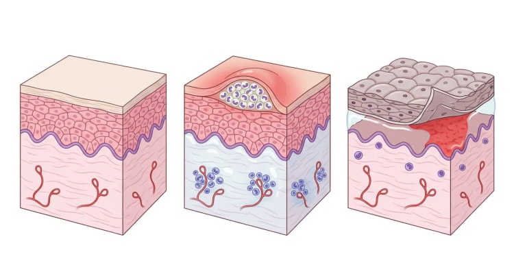 Tre hudblokke i gennemskæring: normal hud, en subkorneal pustel med neutrofiler og ødematøs dermis samt nekrotisk epidermis, der har løsnet sig fra dermis.