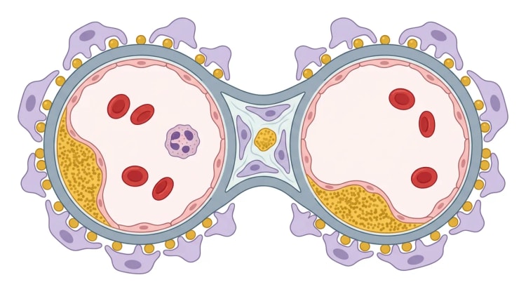 Skematisk tværsnitsbillede af to glomeruluskapillærer og mesangiet med gule immunkompleksaflejringer i mesangiet, mellem endotel og basalmembran samt på basalmembranens yderside.