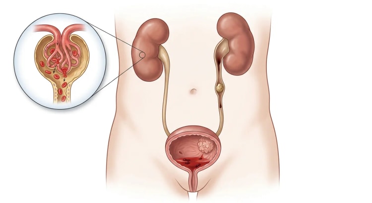 Urinvejene forfra med begge nyrer, ureterne og en åbnet urinblære. En forstørrelse viser en glomerulus, der lækker erytrocytter, et konkrement sidder i den ene ureter, og en papillær tumor med blod og koagler ses i urinblæren.