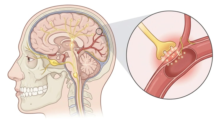 Hoved set fra siden med ganglion trigeminale, smertebanen fra hjernestammen og øvre cervikale rygmarv til thalamus og hjernebarken samt forstørrelse af en nerveende, der frisætter CGRP mod et udvidet kar.