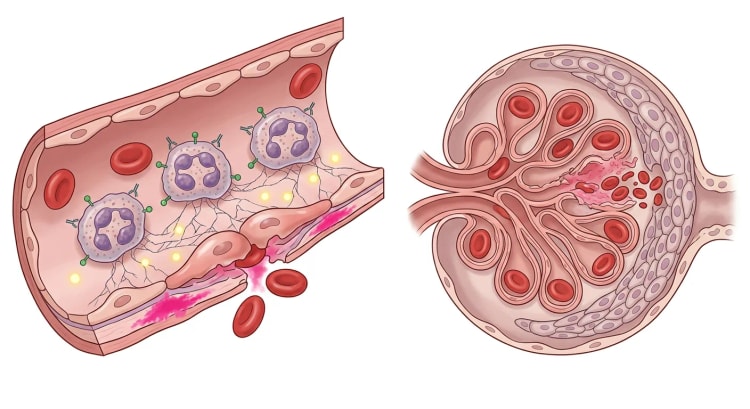 Illustration af et lille blodkar, hvor ANCA-bundne neutrofiler beskadiger endotelet, og ved siden af en glomerulus med segmental nekrose og halvmånedannelse.