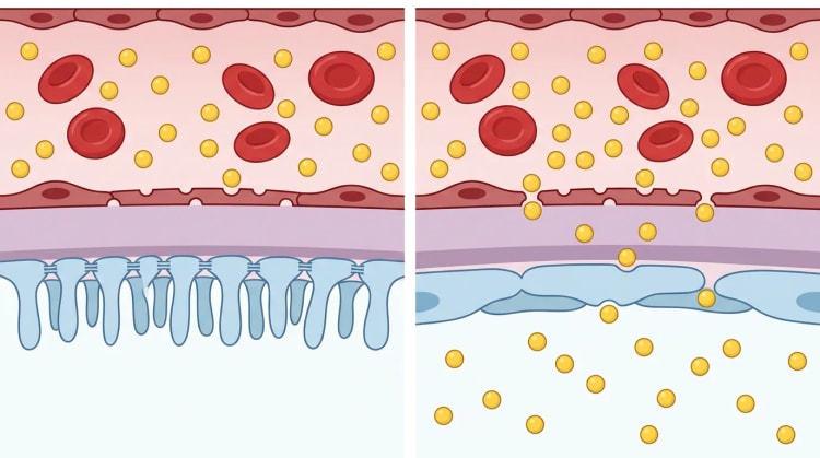 Skematisk sammenligning af den glomerulære filtrationsbarriere: til venstre normale podocytfodprocesser, til højre udslettede fodprocesser med albumin, der passerer ud i Bowmans rum.