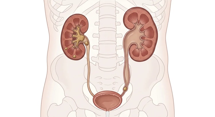 Urinvejene forfra med en nyre, der indeholder koralsten og calyxsten, og en nyre med hydronefrose og dilateret ureter over en distal uretersten.