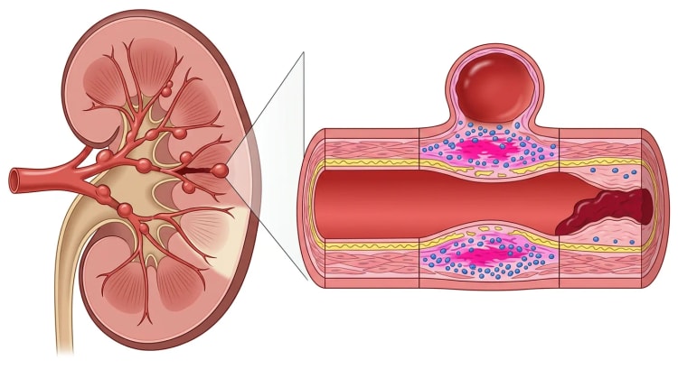 Nyre i gennemskæring med perlekædelignende mikroaneurismer på arteriegrenene, en okkluderet gren og et kileformet infarkt samt en forstørret længdegennemskæring af en mellemstor arterie med normalt segment, inflammeret segment med aneurisme og segment med trombose.