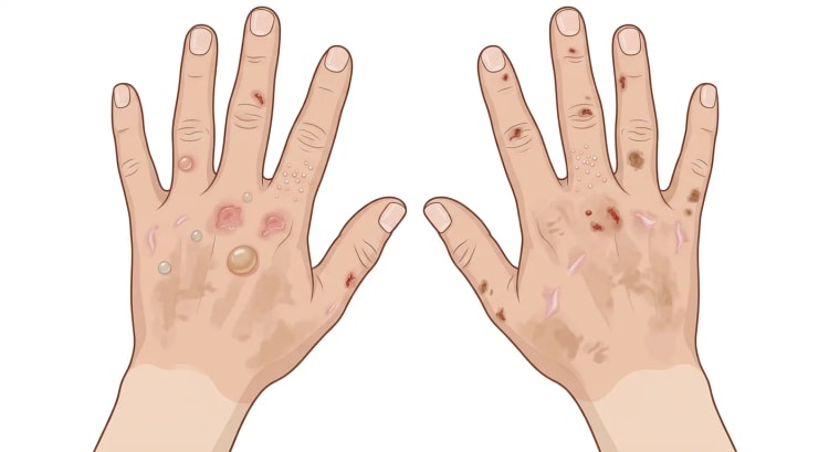 Begge håndrygge med blærer, erosioner, skorper, milier, ar og pletvis hyperpigmentering ved porphyria cutanea tarda.