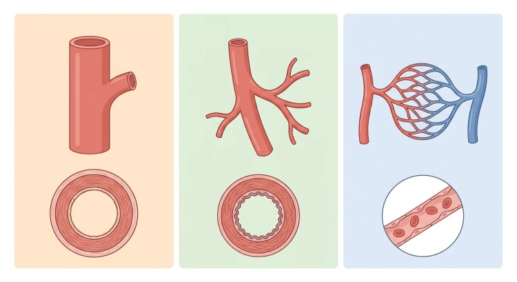 Tre paneler med kar af aftagende størrelse: aorta med afgående gren, mellemstor muskulær arterie med forgreninger og et kapillærnet mellem arteriole og venule, hver med et tværsnit af karvæggen.