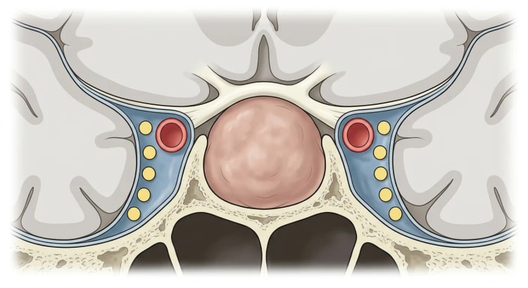 Koronalsnit gennem sella turcica med et makroprolaktinom, der vokser suprasellært og trykker chiasma opticum opad, med sinus cavernosus på begge sider.