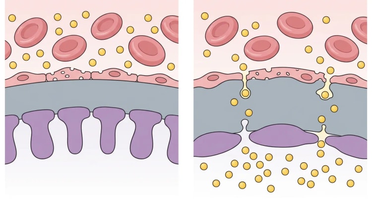 Skematisk sammenligning af en rask og en beskadiget glomerulær filtrationsbarriere, hvor albumin lækker over den beskadigede barriere.