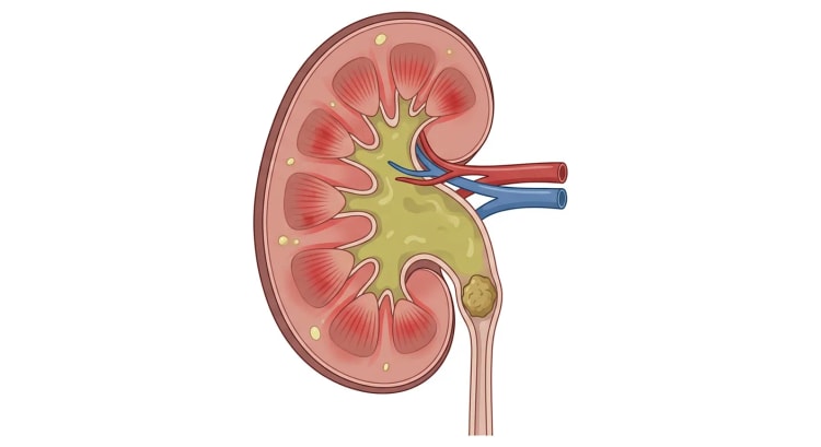Gennemskåret nyre med en sten i øvre ureter, som blokerer afløbet. Nyrebækken og nyrekalyces er udvidede og fyldt med uklar purulent urin, og nyreparenkymet er inflammeret med små abscesser.
