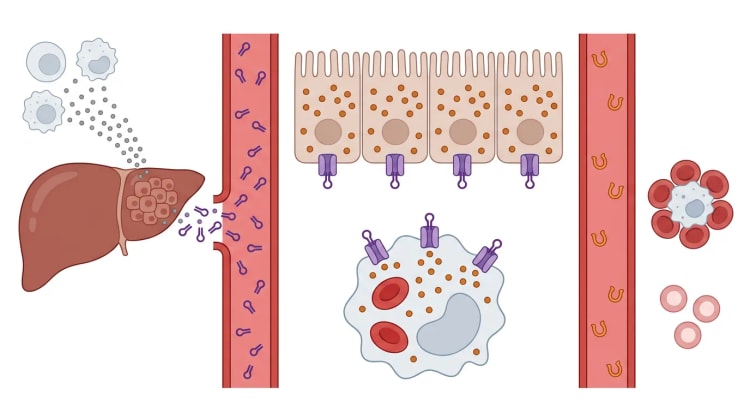 Skematisk billede af inflammationsanæmi: immunceller stimulerer leveren til at frisætte hepcidin, som lukker jerneksportkanaler i tarmceller og makrofager. Transferrin i blodet er næsten tomt, og knoglemarven danner få, blege erytrocytter.