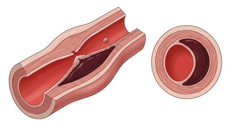 Arterie i længdesnit og tværsnit med intimaskade, intramuralt hæmatom i karvæggen, forsnævret lumen, trombe ved intimaskaden og en embolus nedstrøms.