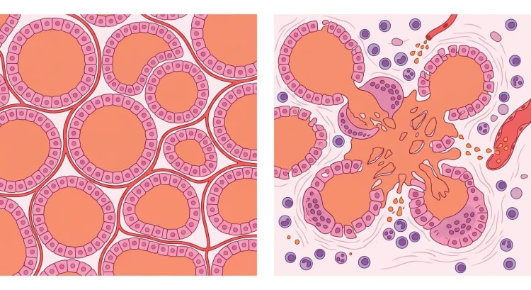 Skematisk histologisk sammenligning mellem normalt thyreoideavæv og thyreoideavæv ved subakut granulomatøs thyreoiditis.
