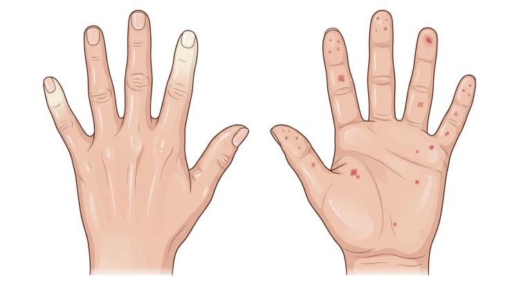 Illustration af en hånd ved systemisk sklerose, set fra oversiden og fra håndfladen, med fingerspidsar, et digitalt sår, telangiektasier og hvidt afblegede fingre.