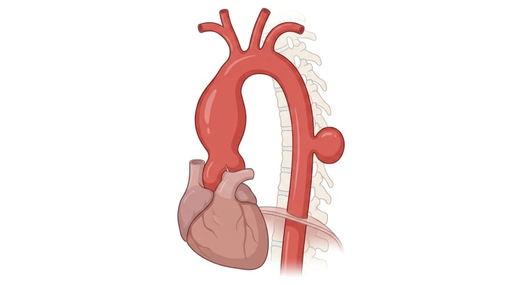Den torakale aorta set fra venstre med fusiformt aneurisme i aorta ascendens og sakkulært aneurisme i aorta descendens.