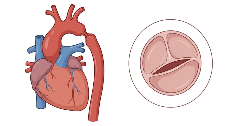 Hjertet og den thorakale aorta set forfra med udvidet aorta ascendens og en forsnævring af aorta descendens lige efter venstre arteria subclavia. Ved siden af ses en bikuspid aortaklap ovenfra.